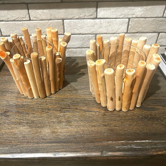 NWT Set of 2 Large Rustic Driftwood Candle Holders Vase Coastal Wedding Decor - Picture 3 of 11